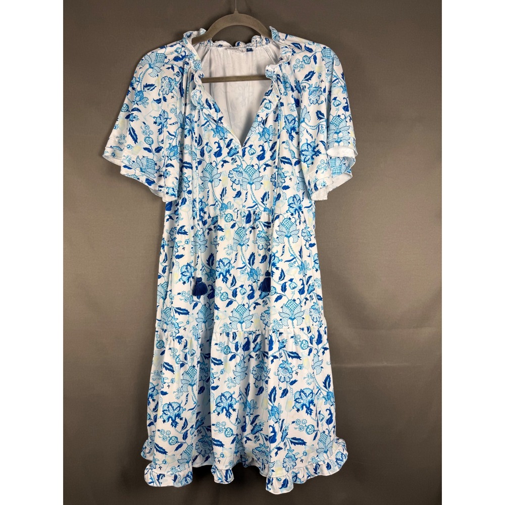 Cabana Life Dress Womens Medium Blue White Floral Tiered Ruffle Tassel 796-CNC